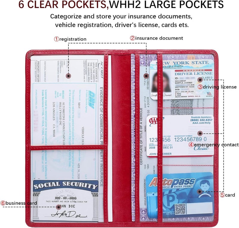 Peisicne Car Registration and Insurance Card Holder for Women Men, Red Glove Box Paperwork Organizer with Magnetic Buckle for Easy Access and Protect Documents and Various Cards in Vehicle - Image 3